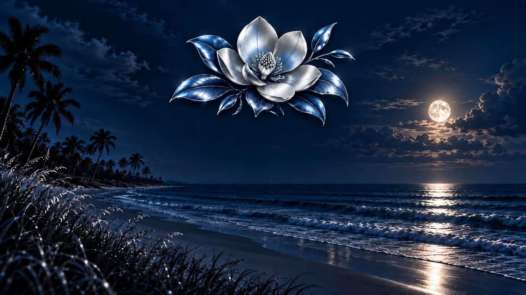 Silver and blue magnolia over a moonlit coastal beach